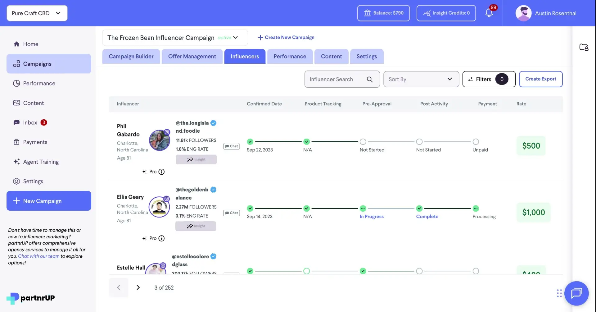 The screenshot displays the 'Influencers' tab within the 'The Frozen Bean Influencer Campaign' on the partnrUP platform. It showcases a list of influencers, their confirmed dates, and the progress of their campaign activities.