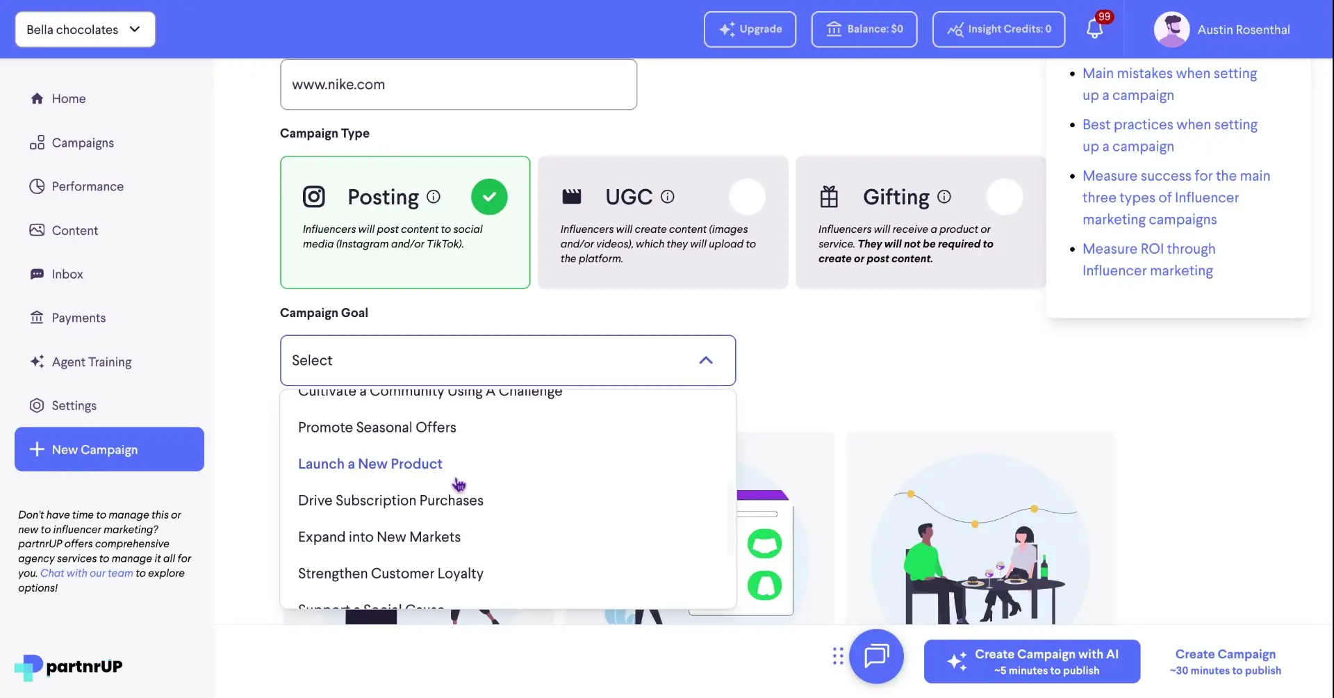 The user is selecting "Launch a New Product" as the campaign goal within the partnrUP platform, which is designed for influencer marketing.