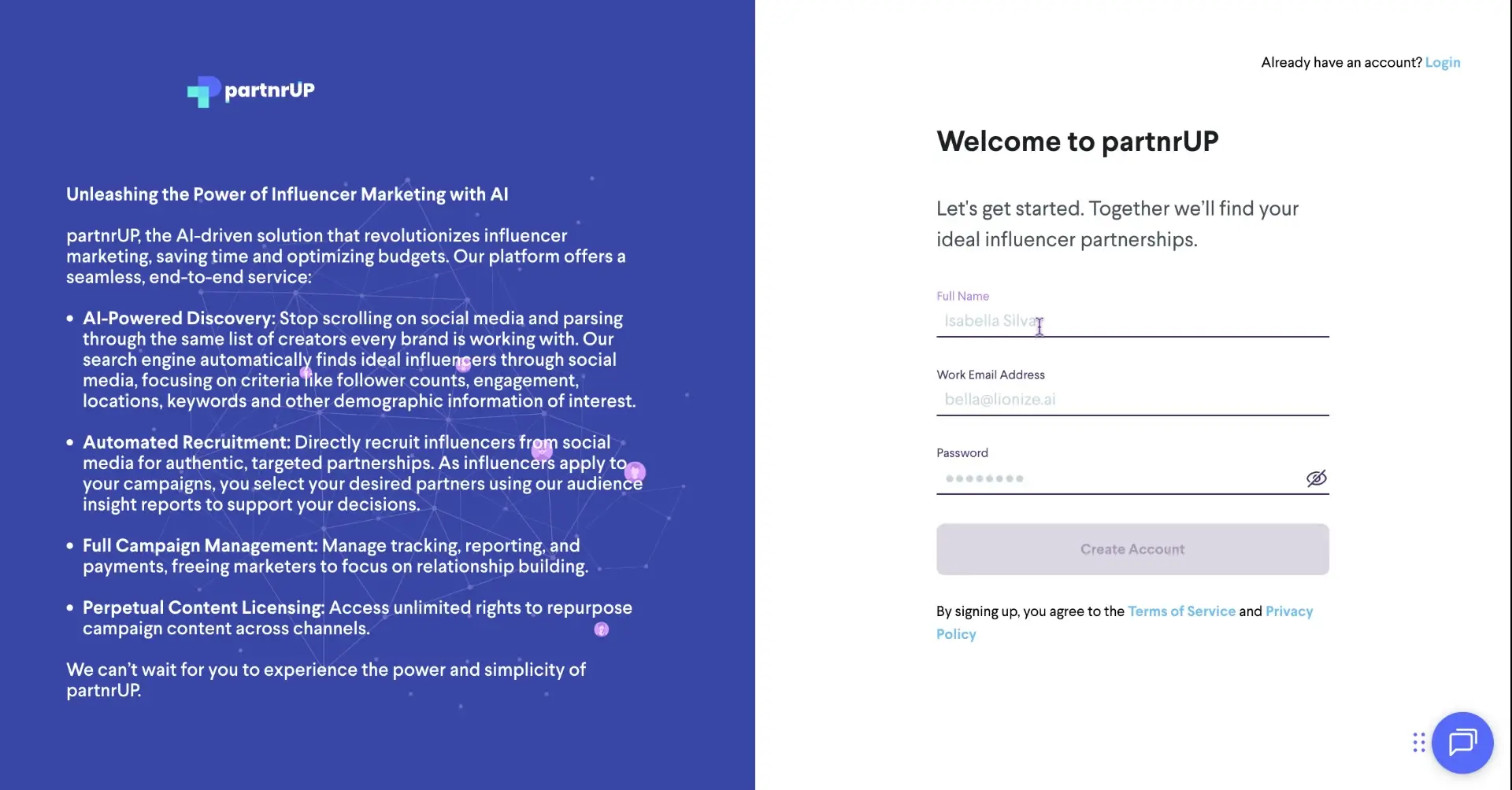 The user is on the partnrUP sign-up page, entering their full name, work email, and password to create an account.