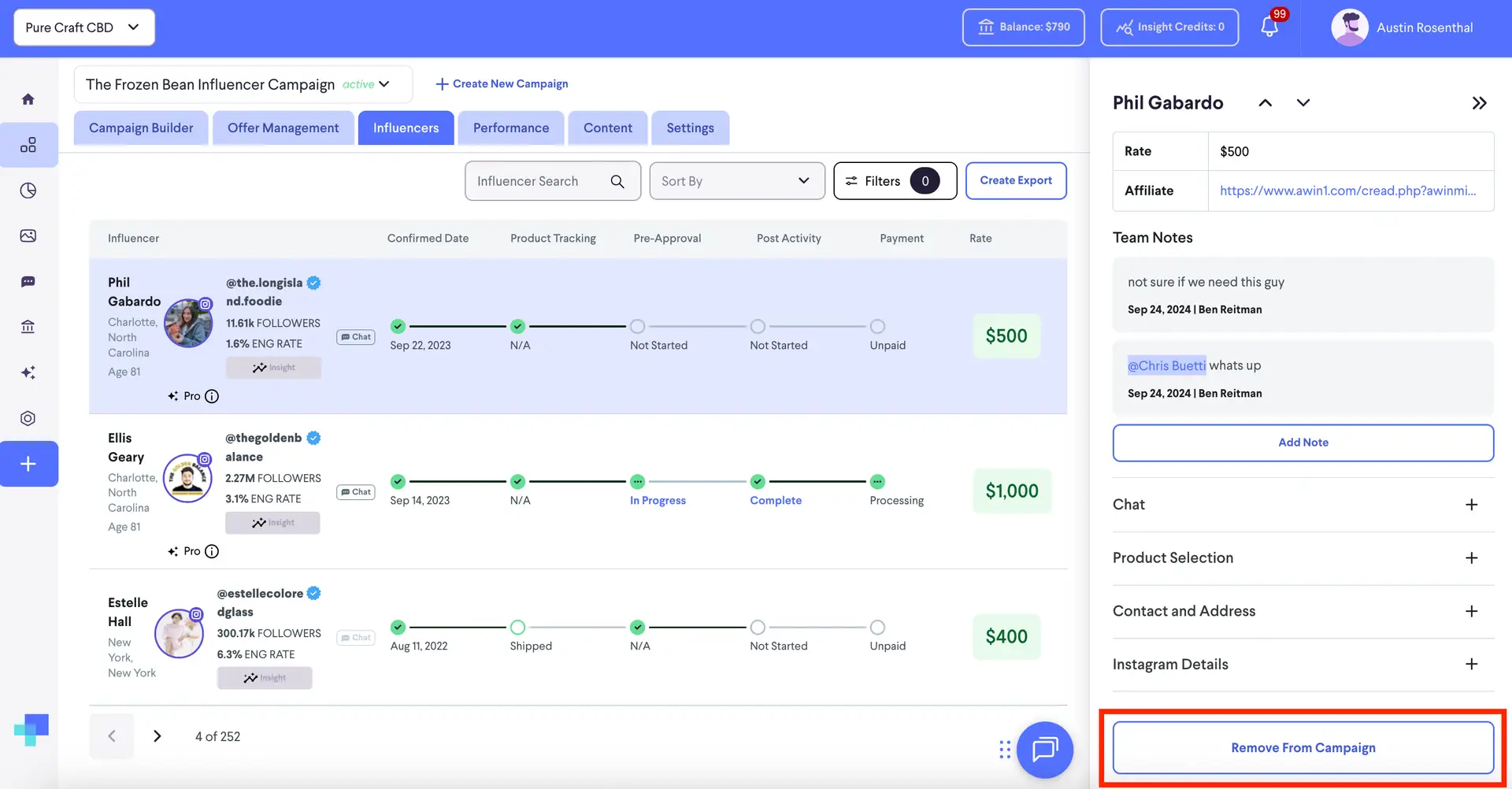 Active Campaign Management screen for The Frozen Bean Influencer Campaign in partnrUP for Brands