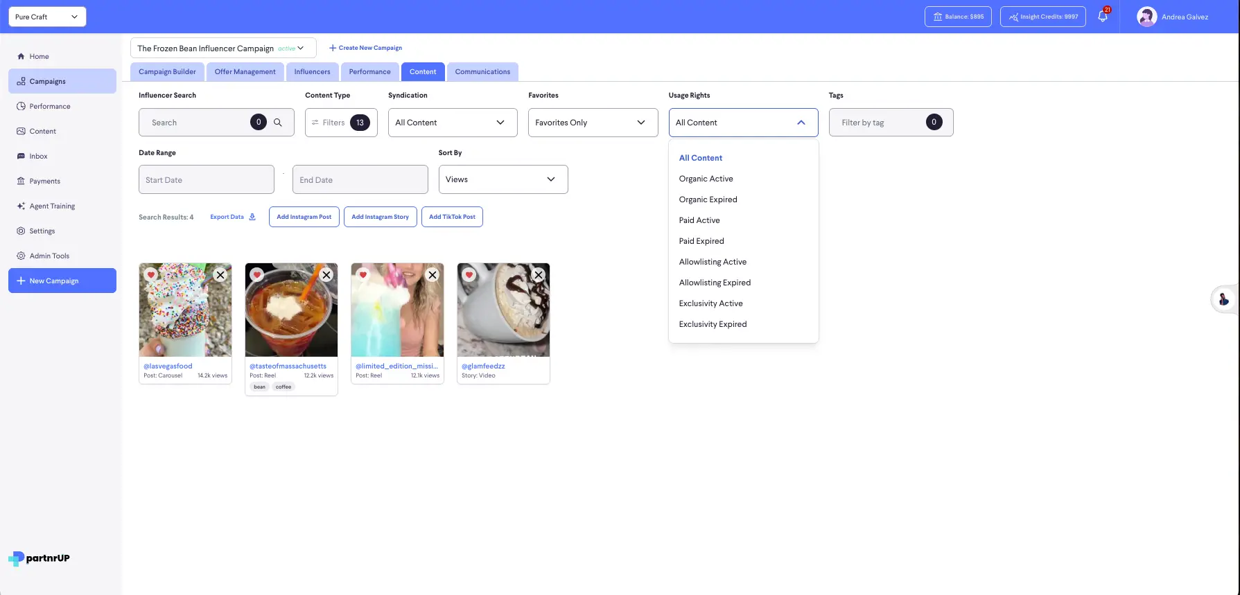 partnrUP for Brands platform showing Content tab of The Frozen Bean Influencer Campaign with filters for usage rights.