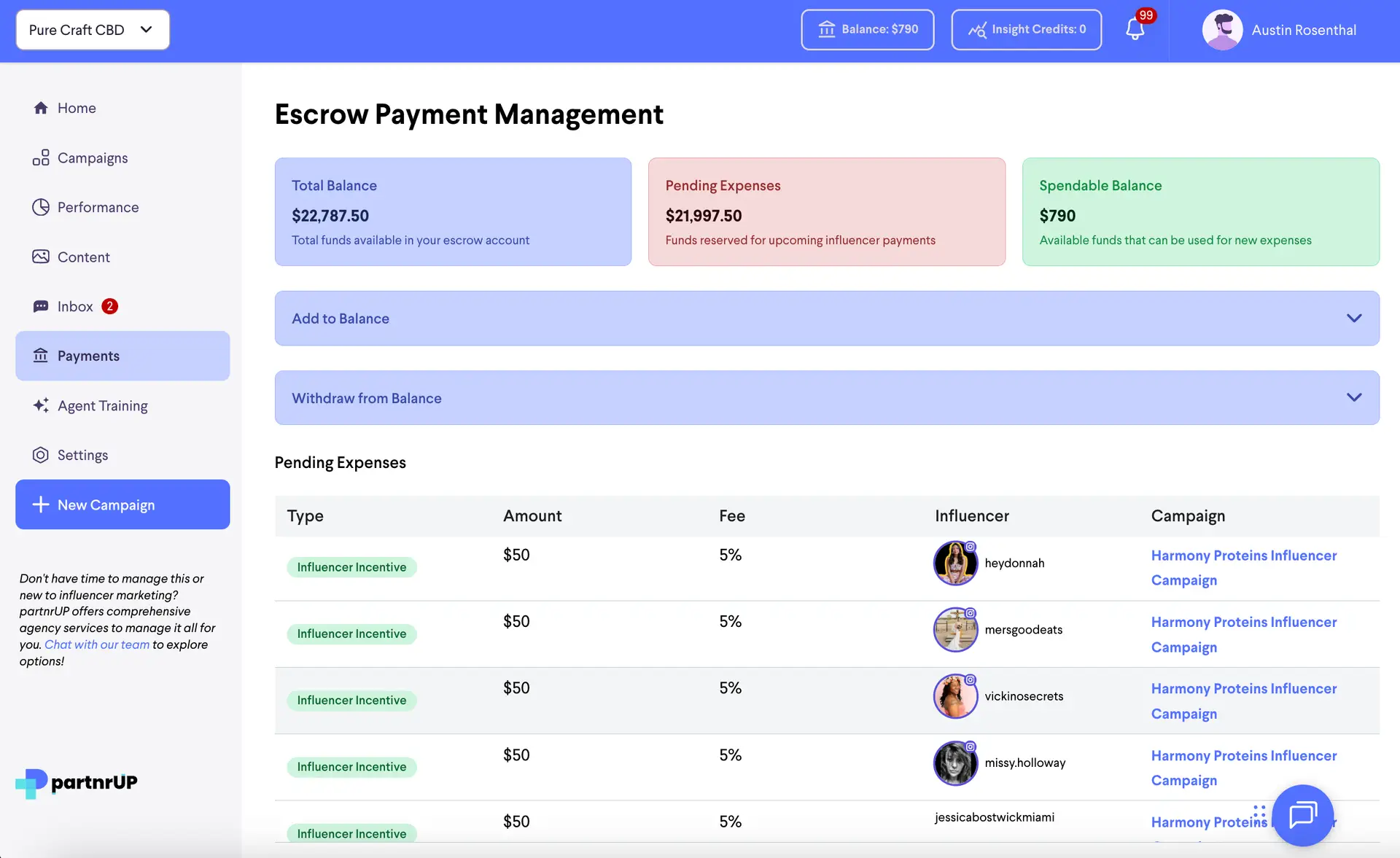 partnrUP Escrow Payment Management screen for tracking creator payments in a campaign