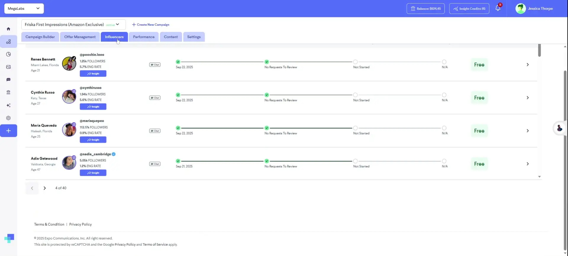The screenshot displays the 'Influencers' tab within the partnrUP platform, showcasing a list of influencers with their profiles, engagement metrics, and campaign progress.