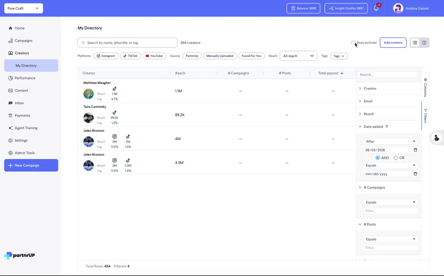 The 'My Directory' page displays a list of creators with their reach, campaign, and post counts. Users can filter creators by date added, number of campaigns, or number of posts, and search for specific creators by name, handle, or tag.