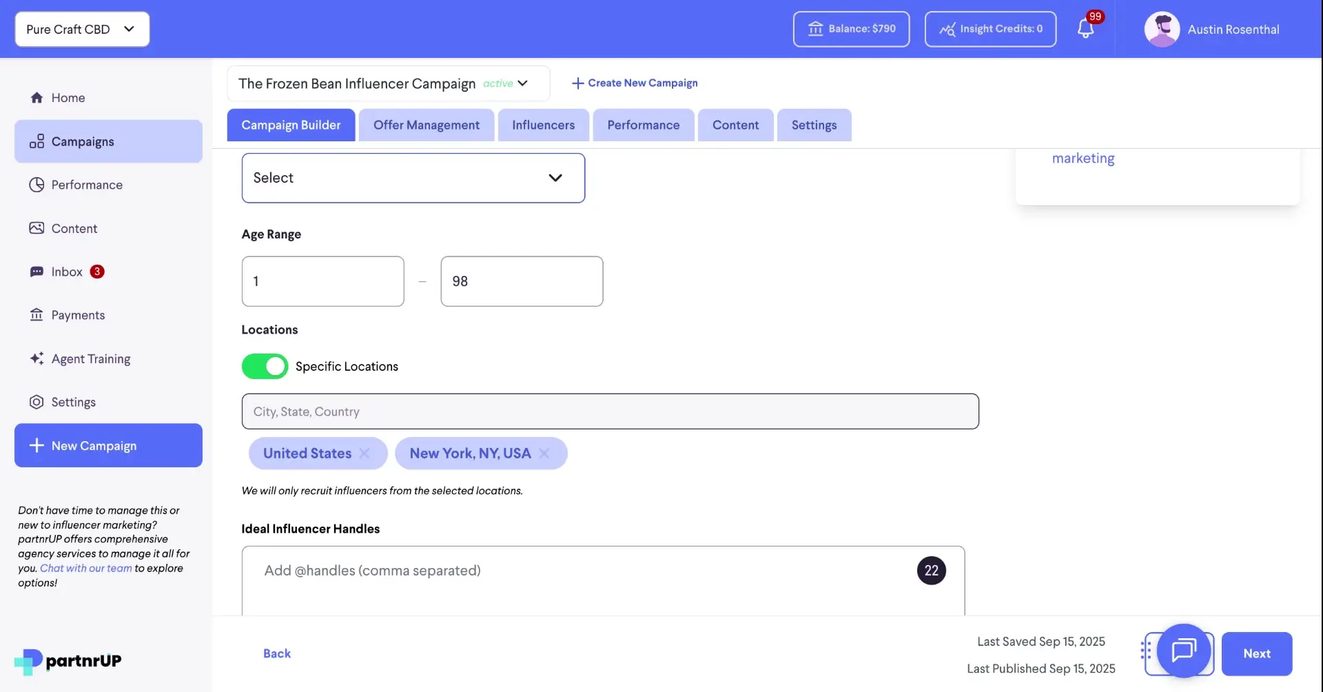 The screenshot shows the campaign builder interface within the partnrUP platform. It allows users to specify age range, locations, and ideal influencer handles for their influencer marketing campaign.
