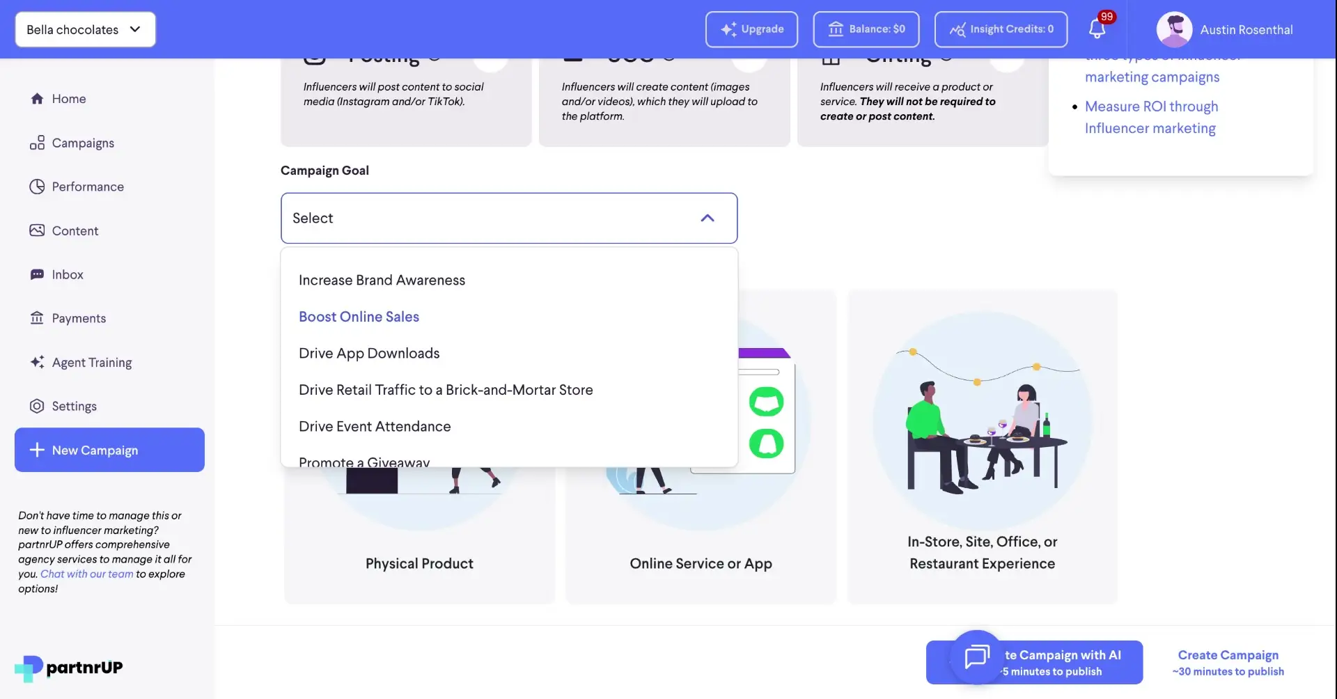The screenshot shows the campaign goal selection dropdown menu, with options like 'Increase Brand Awareness' and 'Boost Online Sales' available for selection.