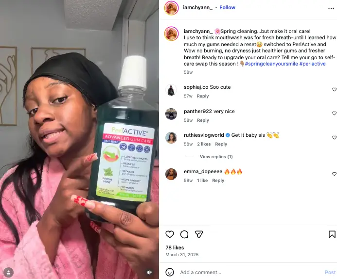 Social media post by iamchyann_ featuring PeriActive Advanced Gum Care mouthwash.
