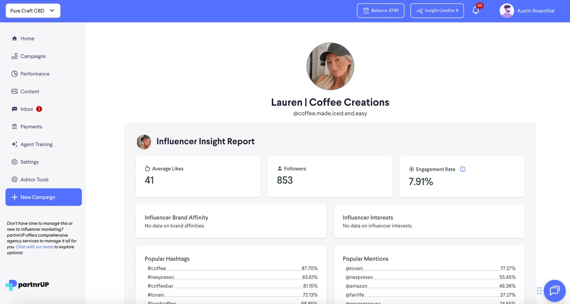 partnrUP Influencer Insight Report for Lauren | Coffee Creations under Pure Craft CBD account