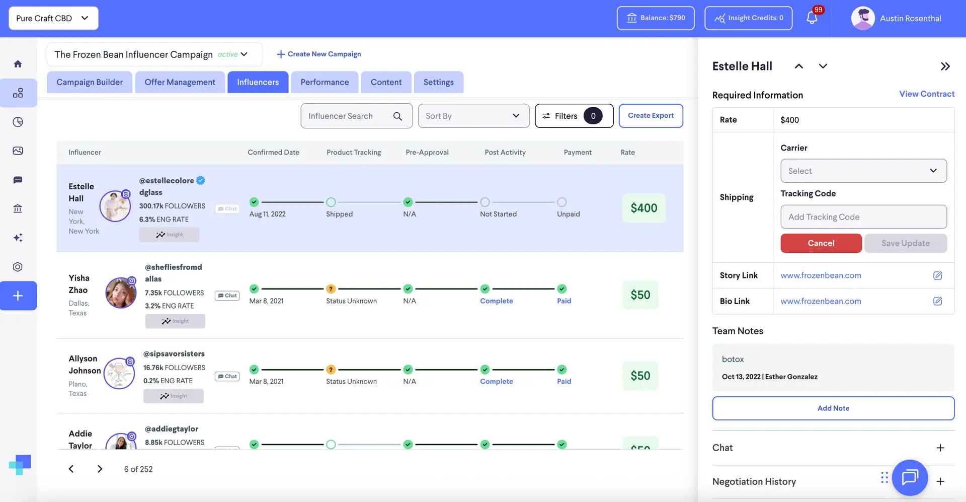 partnrUP for Brands - The Frozen Bean Influencer Campaign - Influencers tab