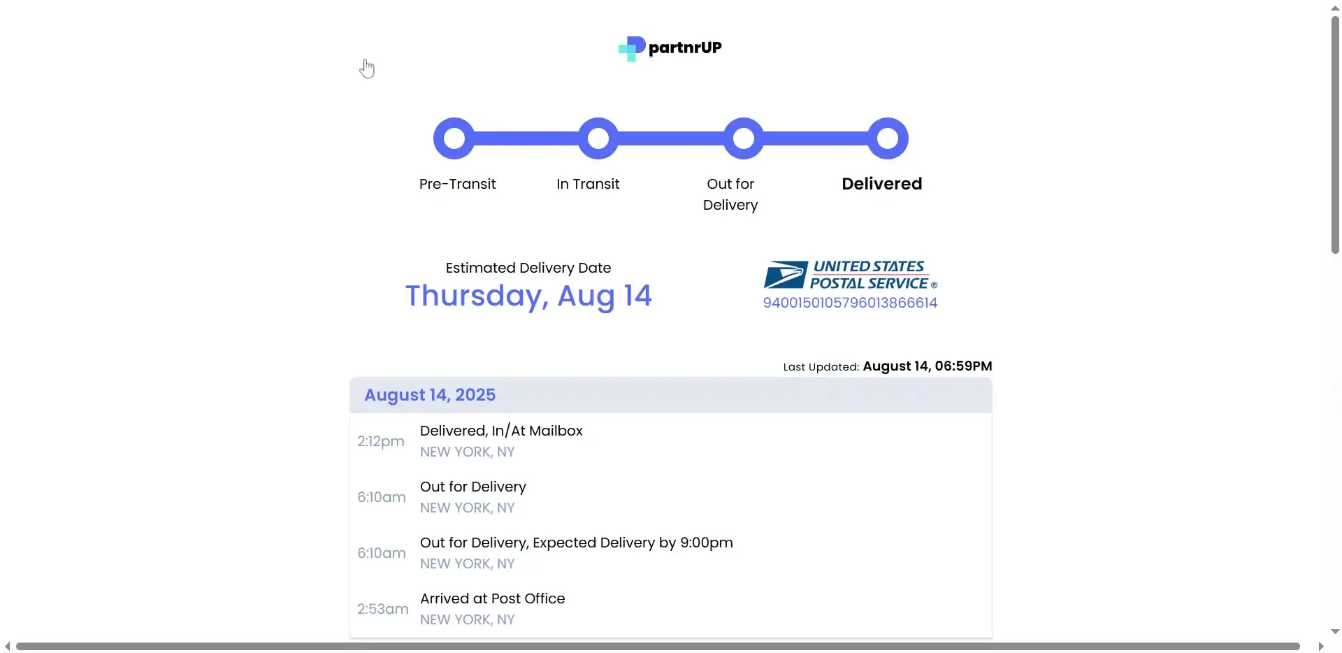 The screenshot displays a delivery tracking page from partnrUP, showing the status of a package with details like the estimated delivery date, tracking number, and delivery timeline.