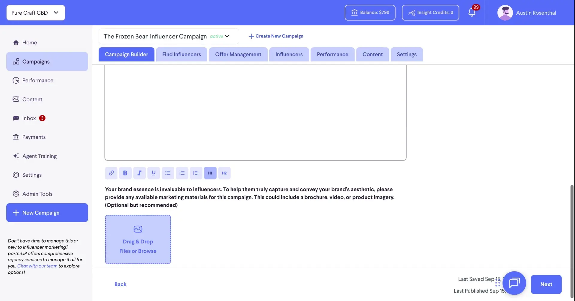 The screenshot shows the campaign builder section for "The Frozen Bean Influencer Campaign" within the partnrUP platform. It prompts the user to provide marketing materials to help influencers convey the brand's aesthetic.