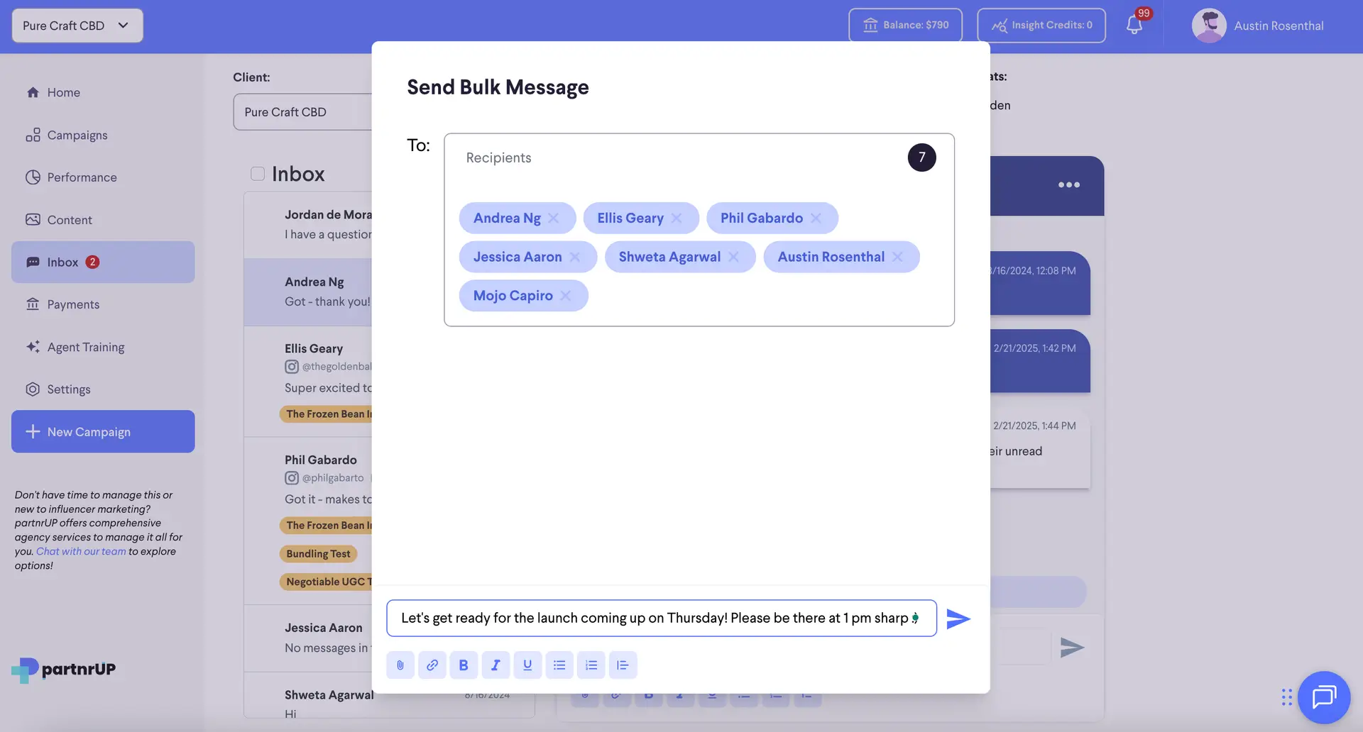 partnrUP for Brands - Send Bulk Message interface for influencer communications