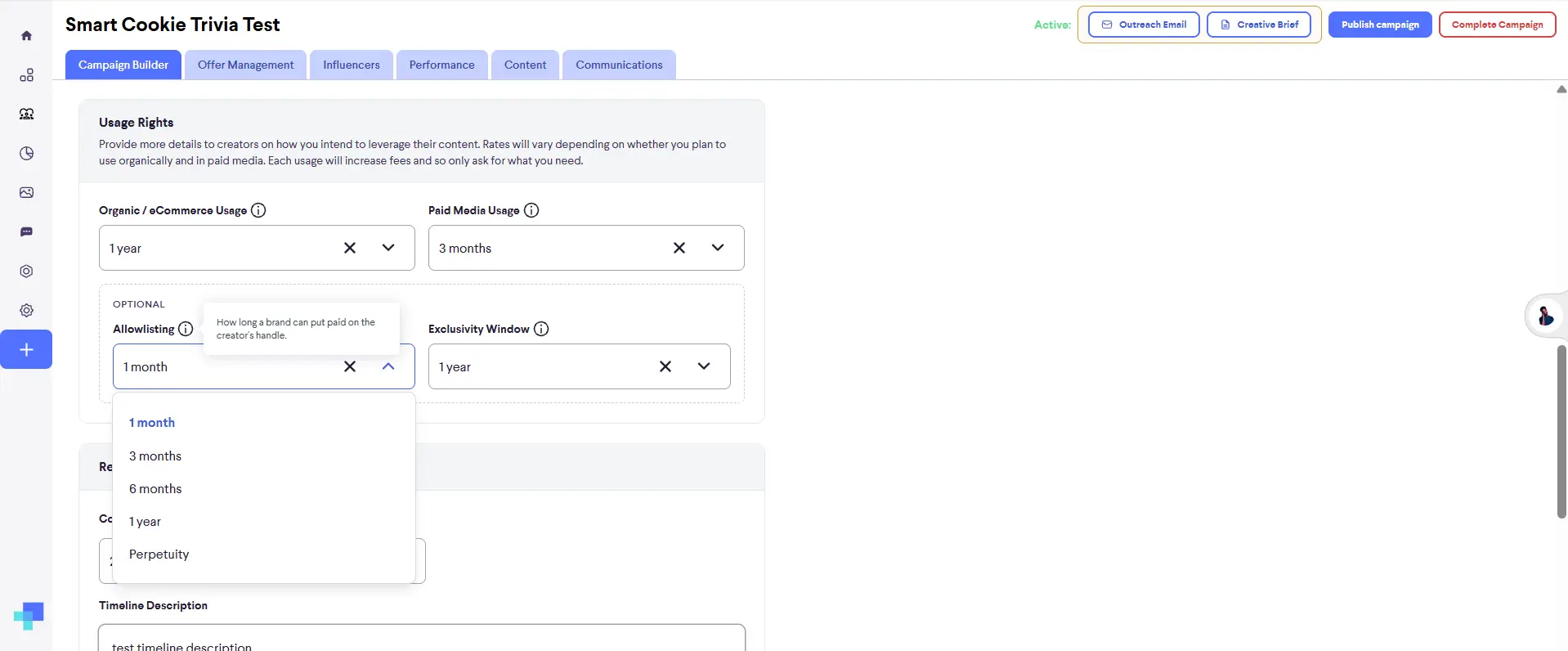 partnrUP for Brands Campaign Builder Usage Rights settings for Smart Cookie Trivia Test