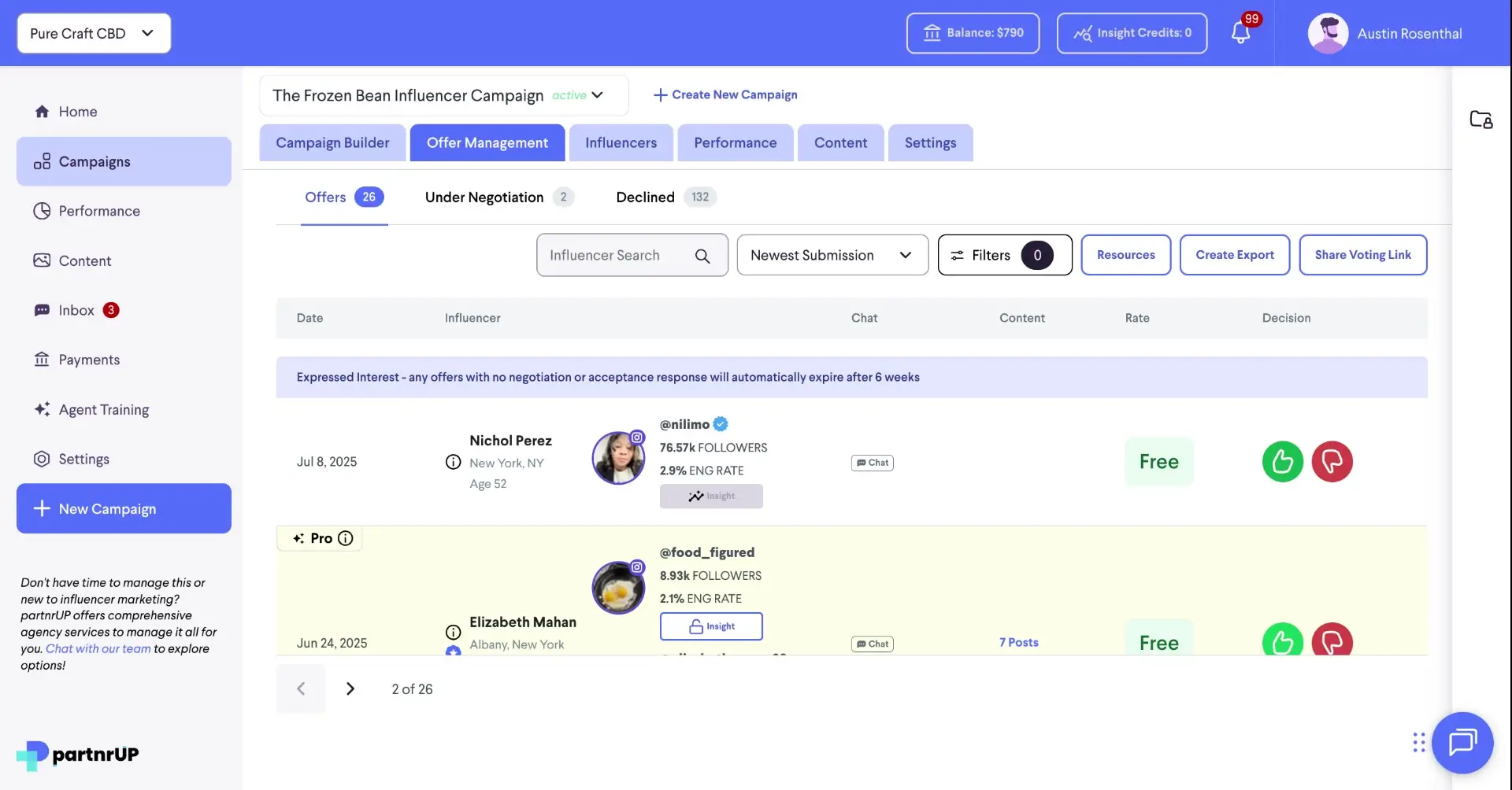 The screenshot displays the Offer Management section within the influencer marketing platform, partnrUP, showcasing a list of influencers with their engagement details and options to make decisions on offers.
