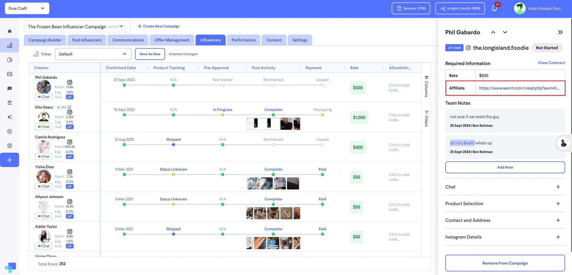 Influencers tab in The Frozen Bean Influencer Campaign on partnrUP for Brands platform showing creator details and management options.