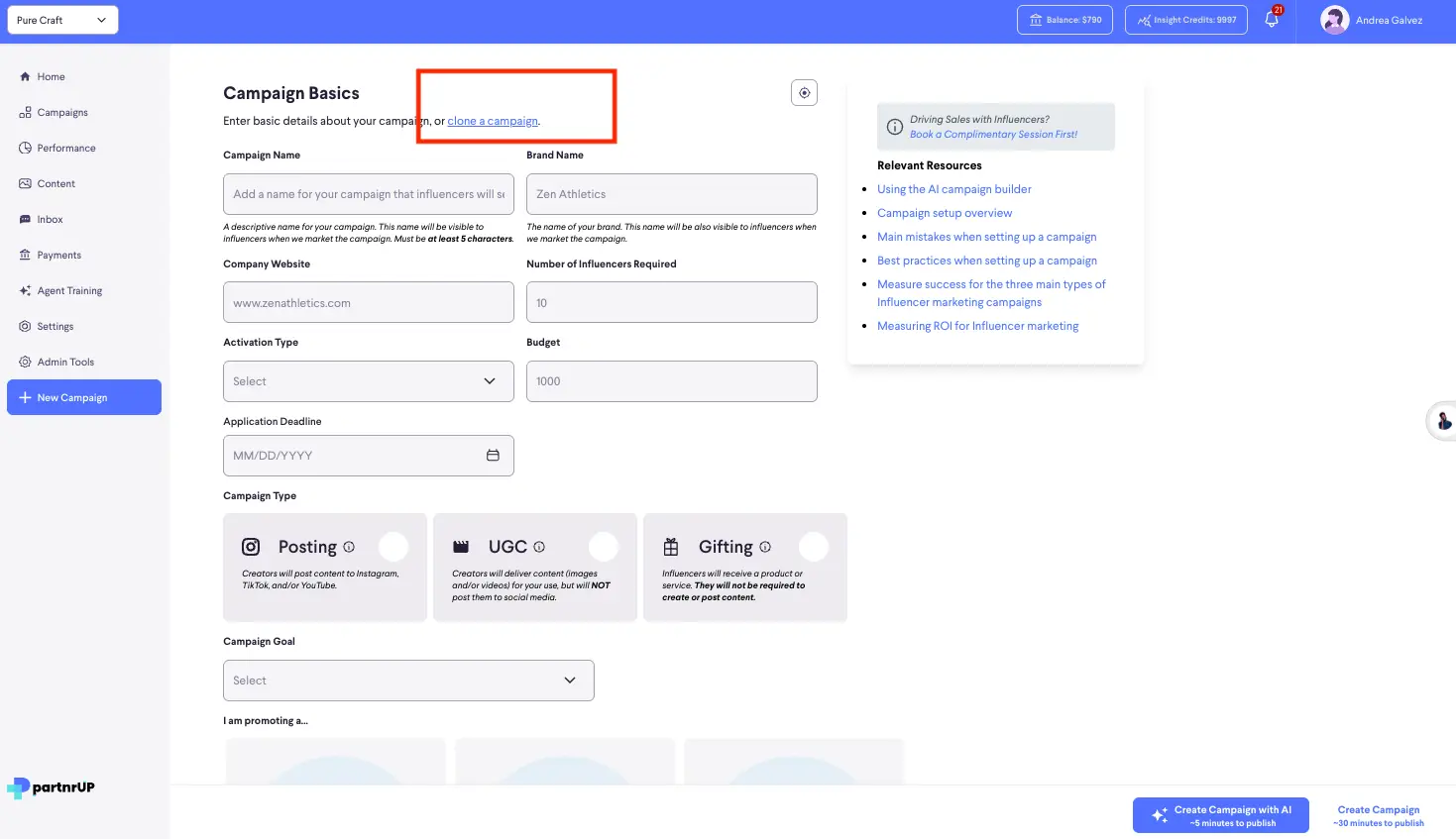 Campaign Basics page in partnrUP for Brands platform for entering campaign details with options to clone a campaign and access relevant resources.