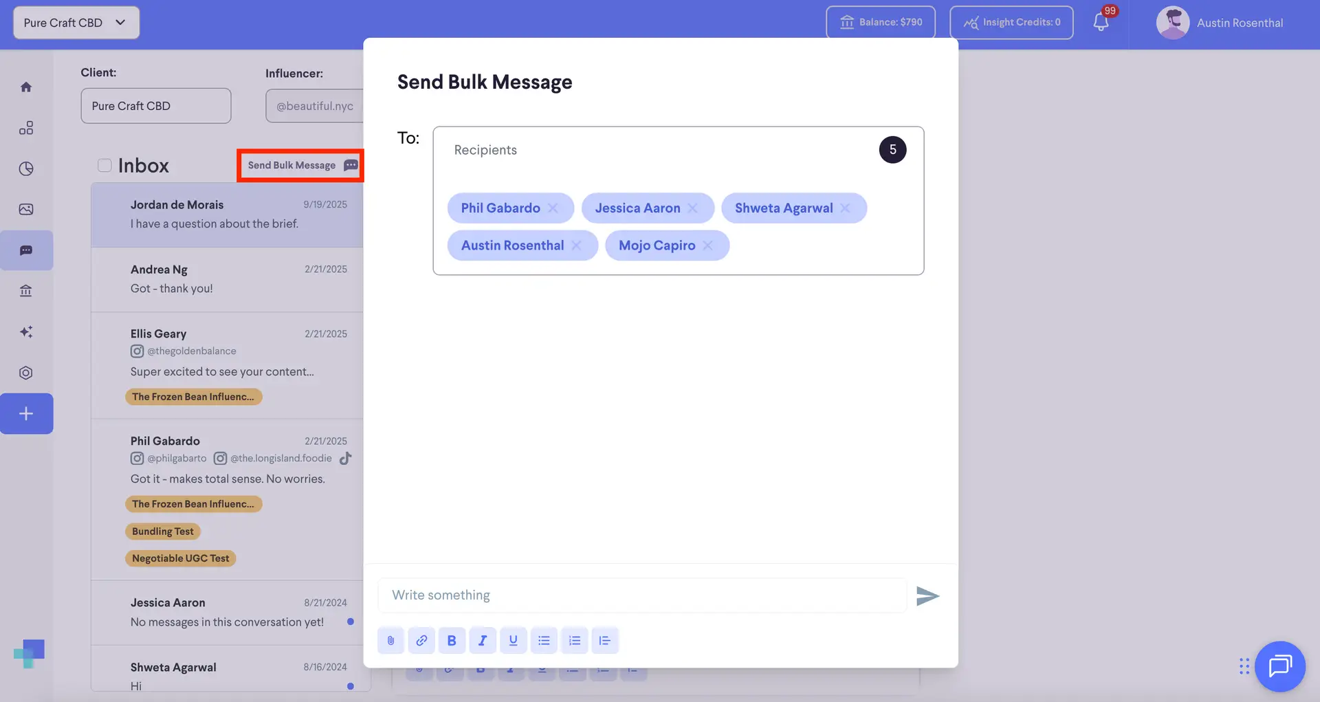 partnrUP for Brands - Send Bulk Message interface for communicating with creators before contracting