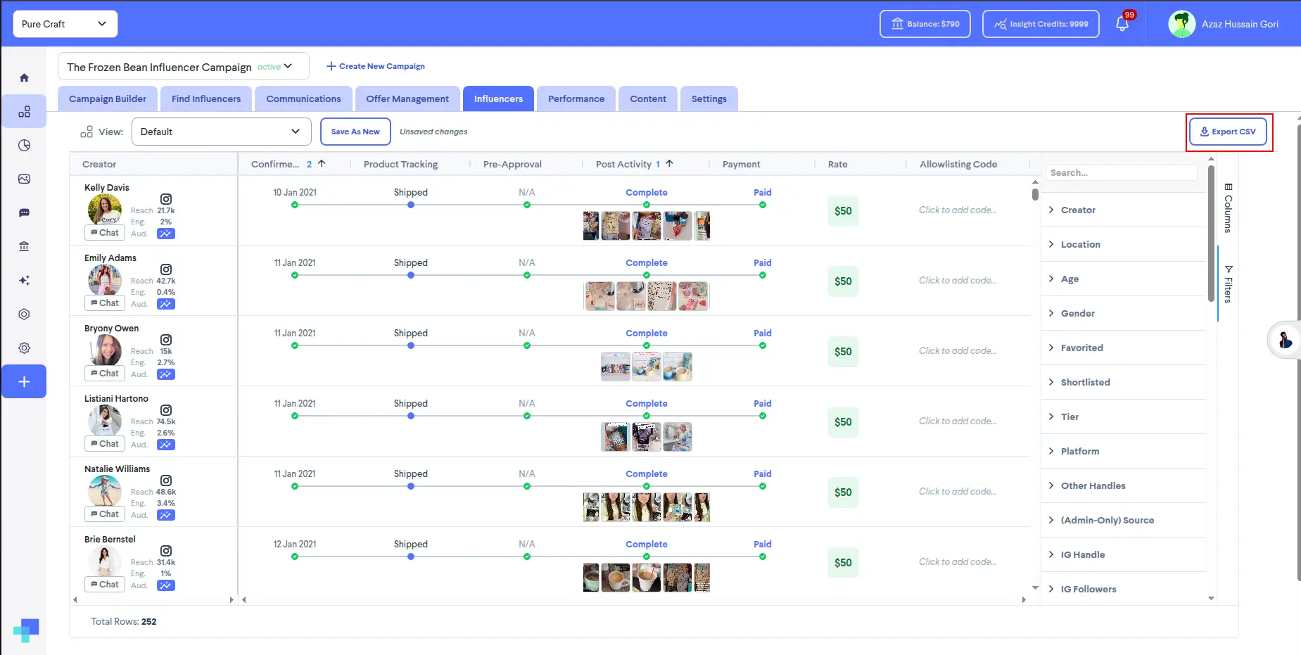Influencers tab in The Frozen Bean Influencer Campaign on partnrUP for Brands platform with Export CSV option.
