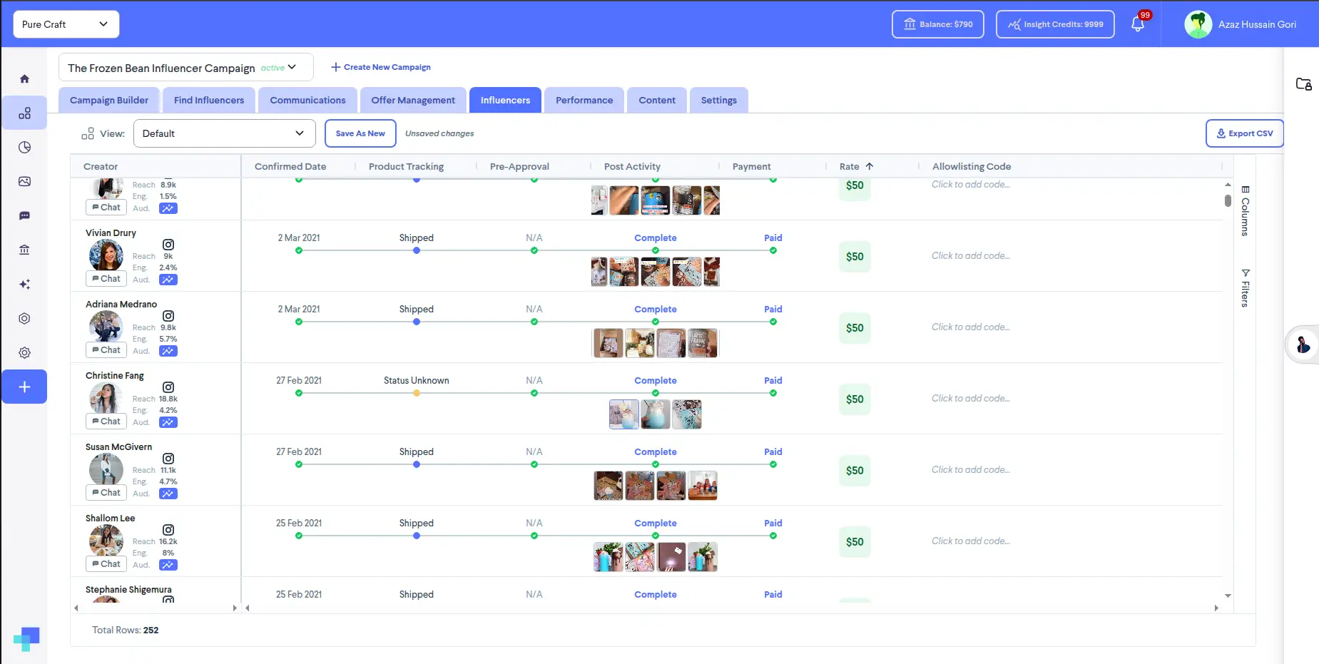 Influencers tab in The Frozen Bean Influencer Campaign on partnrUP for Brands platform.