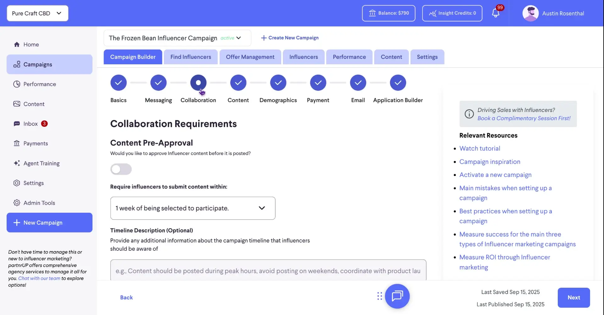 The screenshot shows the 'Collaboration Requirements' section within the 'Campaign Builder' of the partnrUP platform. It allows users to set content pre-approval and content submission timelines for influencer campaigns.