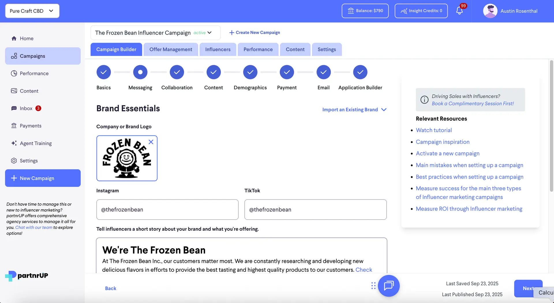 Campaign Setup Overview page for The Frozen Bean Influencer Campaign in partnrUP platform.