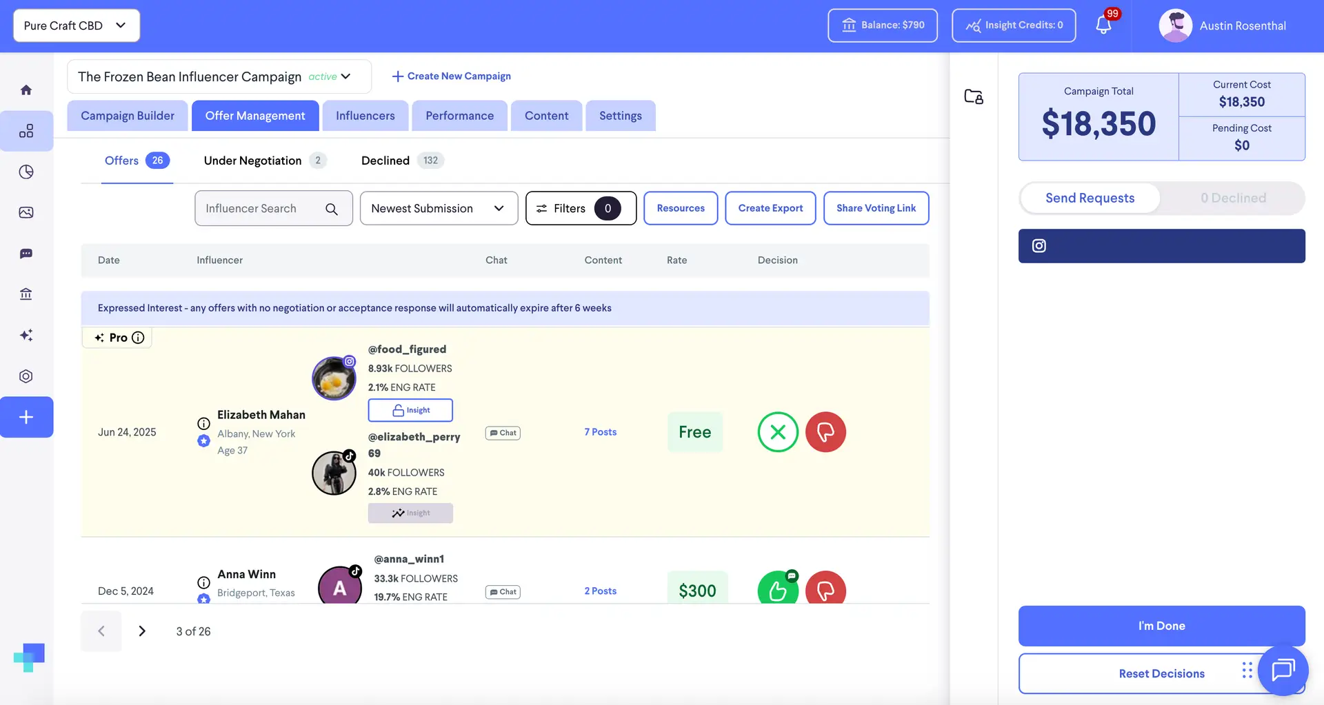 Offer Management screen for The Frozen Bean Influencer Campaign in partnrUP for Brands platform