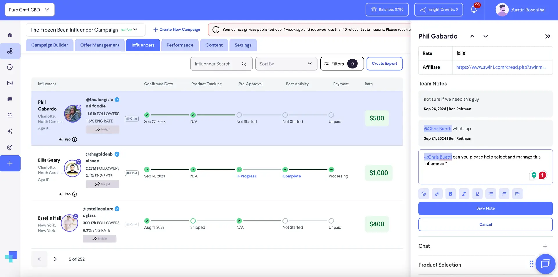 partnrUP for Brands - The Frozen Bean Influencer Campaign - Influencers Tab