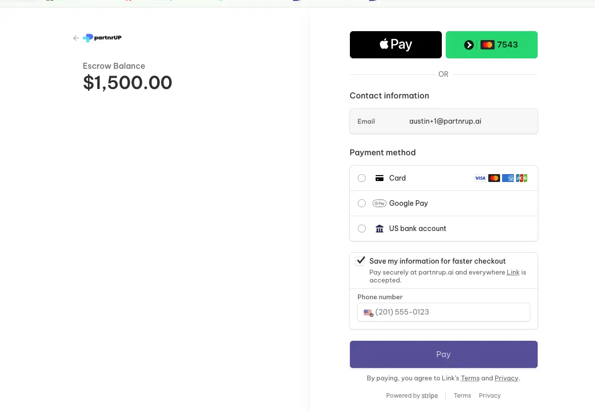 partnrUP Payment Section with Escrow Balance and Payment Options