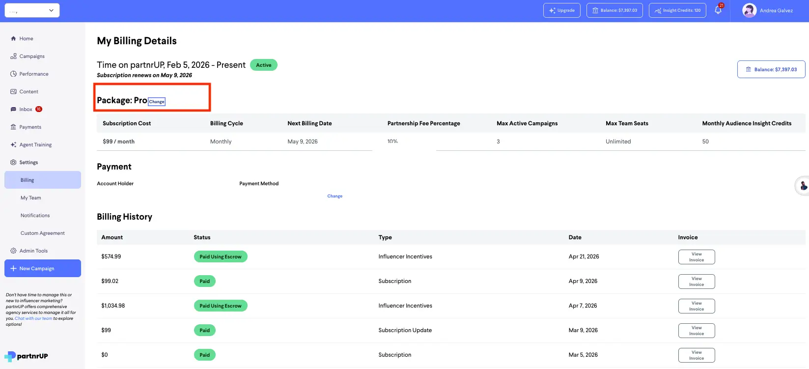 partnrUP for Brands - My Billing Details page showing current subscription and billing history.