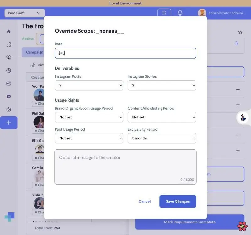 This screenshot shows the "Override Scope" modal in the partnrUP for Brands platform. Users can set a specific rate, deliverables, and usage rights for a creator, along with an optional message. The modal also allows for setting content allowlisting and exclusivity periods.