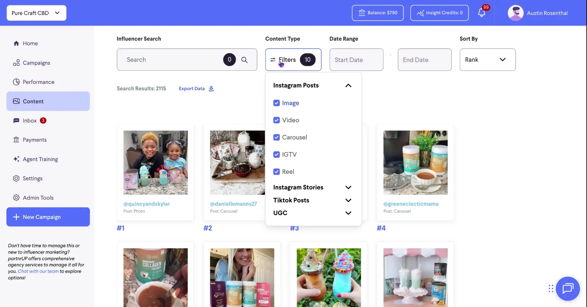The user is viewing the content section of the platform and has opened the filter options to select content types.