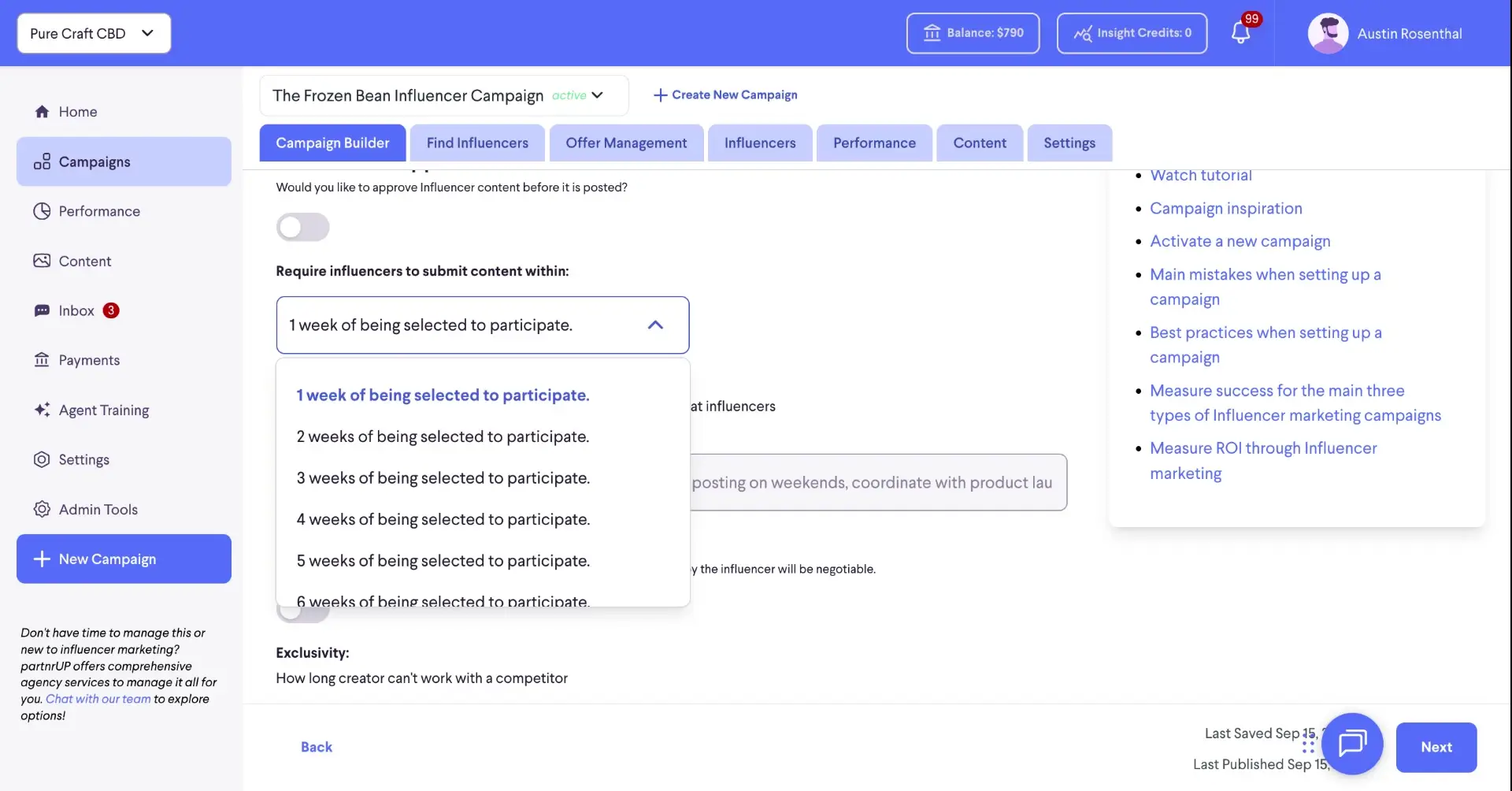 The user is configuring the campaign settings, specifically setting the content submission deadline for influencers within the 'Campaign Builder' section.