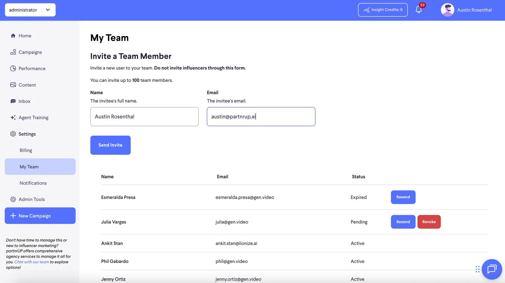 partnrUP for Brands - My Team - Invite a Team Member screen