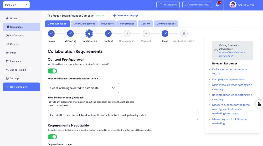 partnrUP for Brands Campaign Builder Collaboration Requirements screen for The Frozen Bean Influencer Campaign.