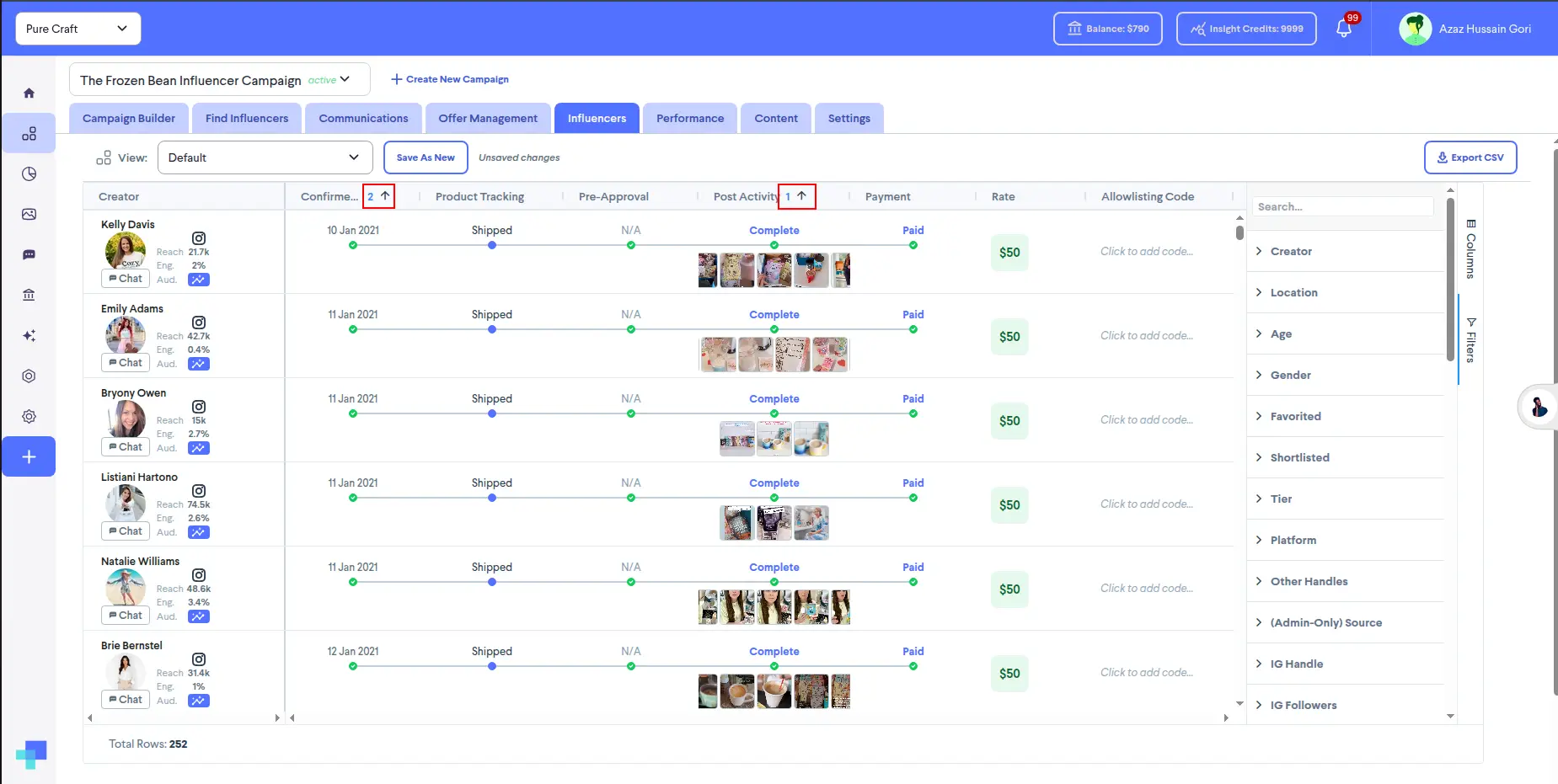 Influencers tab in The Frozen Bean Influencer Campaign on partnrUP for Brands platform.