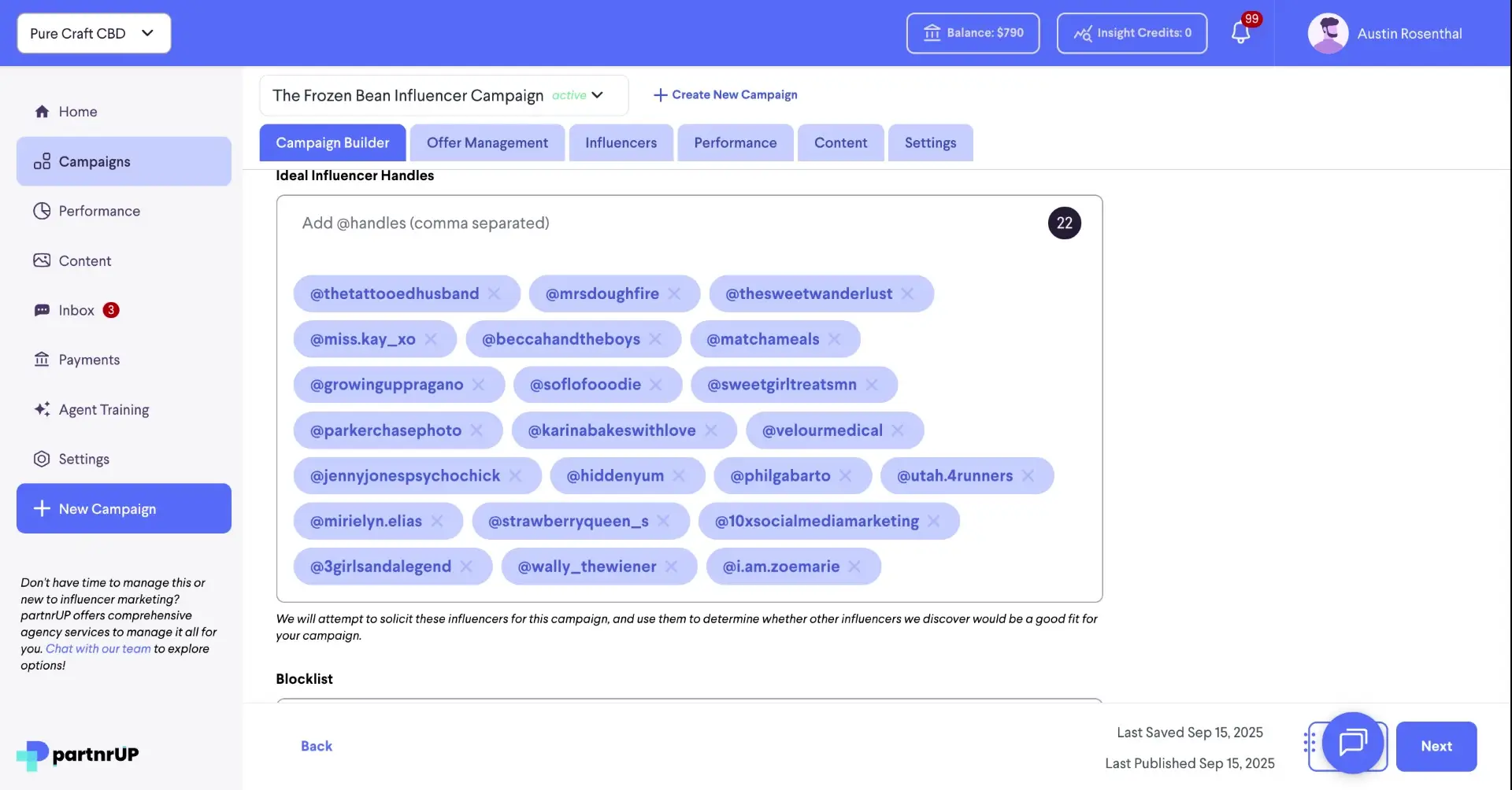 The screenshot shows the 'Campaign Builder' section of the partnrUP platform, specifically the 'Ideal Influencer Handles' section, where the user can add influencer handles for the campaign.