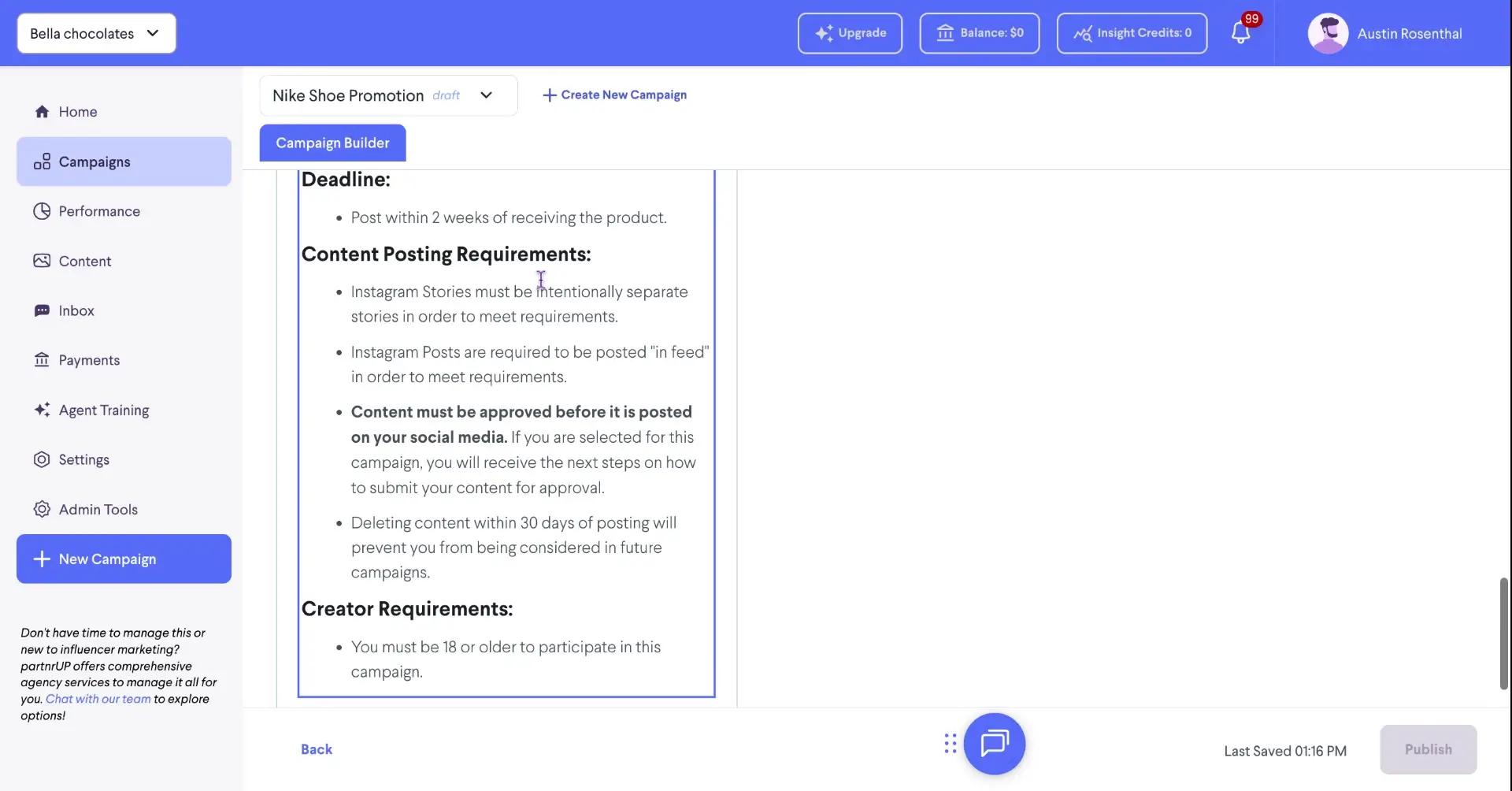 The screenshot displays the campaign builder interface within the partnrUP platform, specifically detailing the content posting and creator requirements for the "Nike Shoe Promotion" campaign.