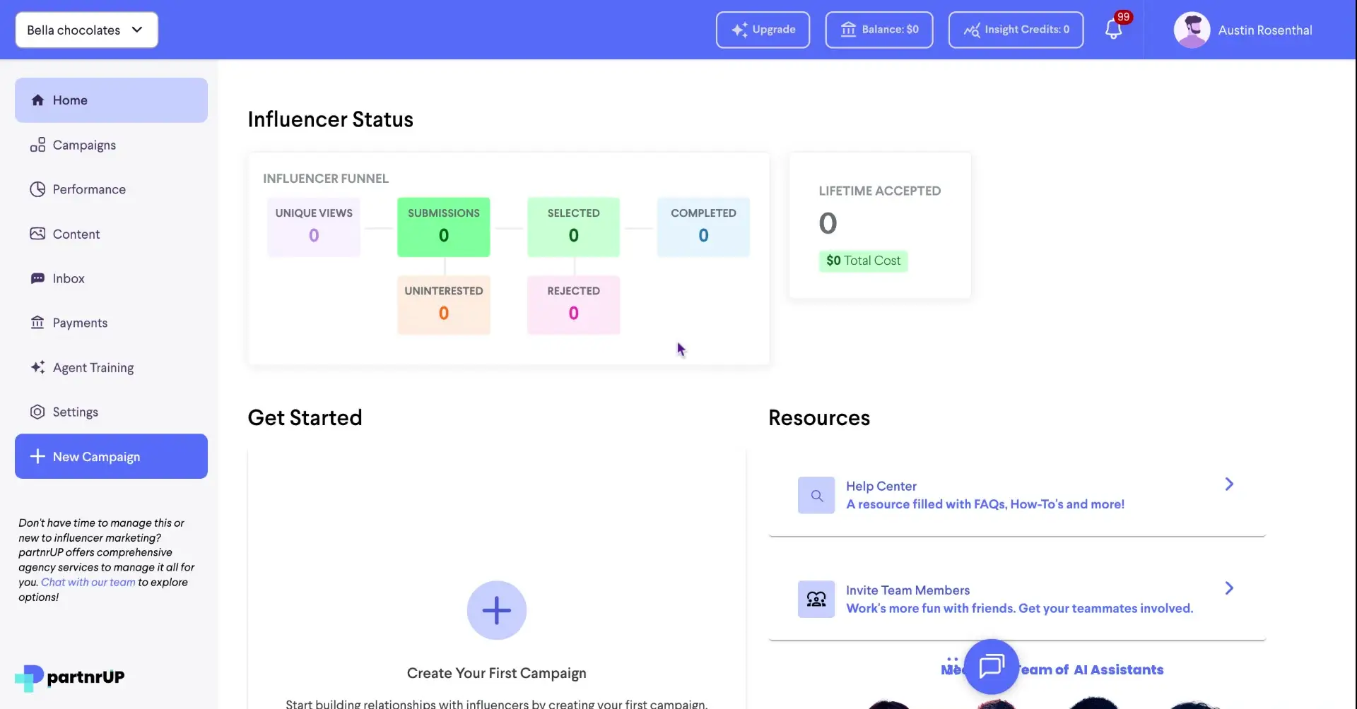 The user is on the home screen after logging in for the first time. The screen displays the influencer status, resources, and a prompt to create the first campaign.