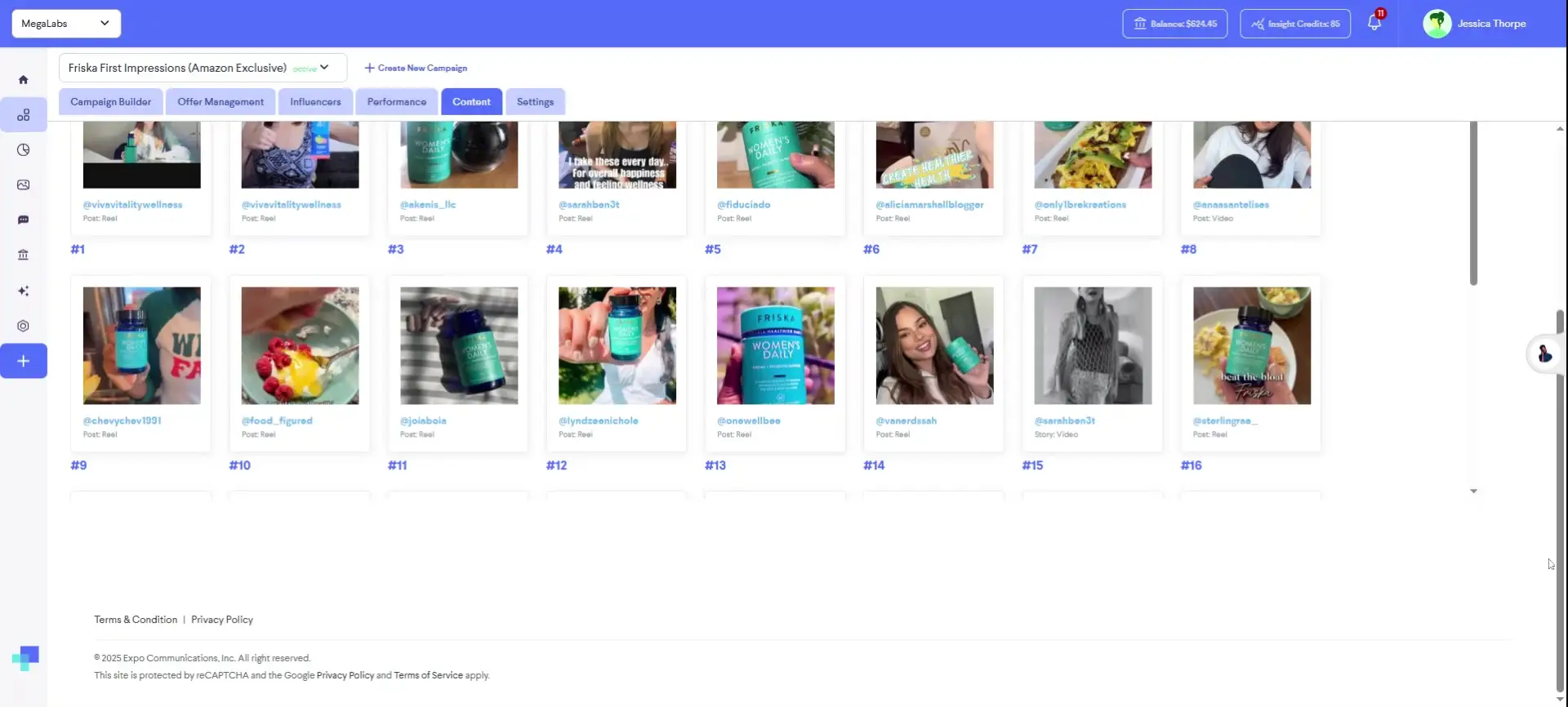The screenshot displays the 'Content' section of the 'Friska First Impressions (Amazon Exclusive)' campaign within the partnrUP platform. It showcases various content posts, likely reels and videos, created by influencers for the campaign.