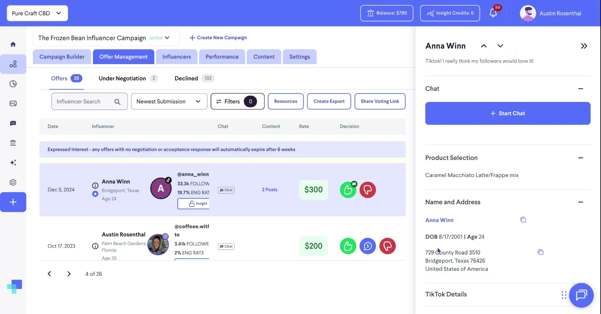 The screenshot displays the Offer Management section of the platform, showcasing details of influencer offers, including influencer profiles, content rates, and decision statuses. It also shows the personal information of the influencer.