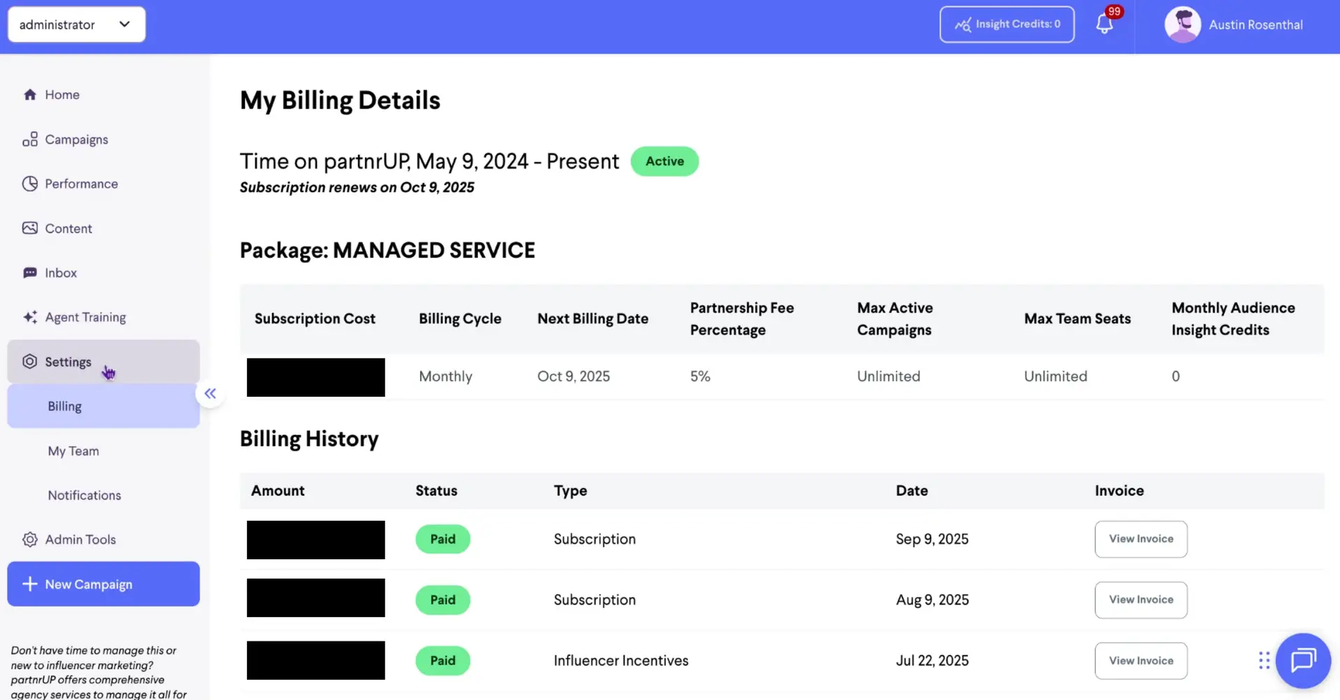partnrUP for Brands - My Billing Details page showing subscription and billing history