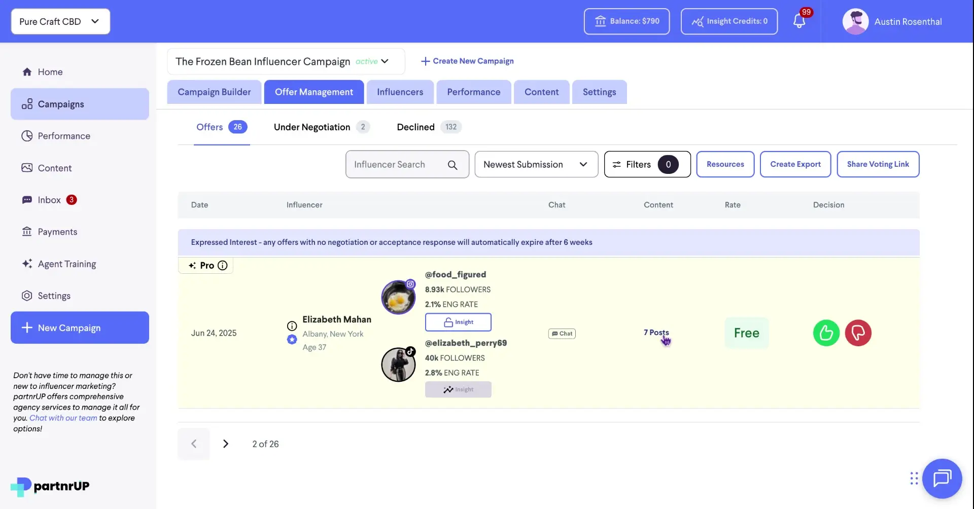 The screenshot displays the Offer Management section within the partnrUP platform, showcasing influencer profiles and campaign details, including engagement rates and follower counts.