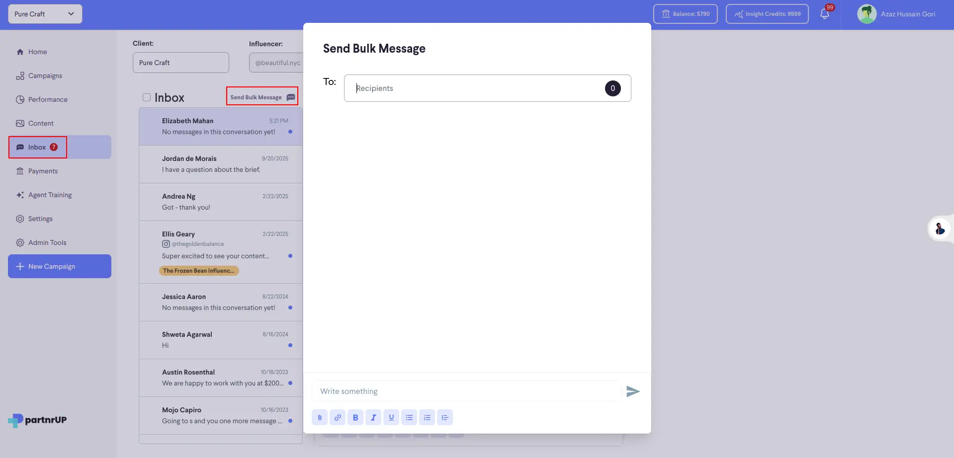 partnrUP for Brands - Send Bulk Message screen in Inbox section