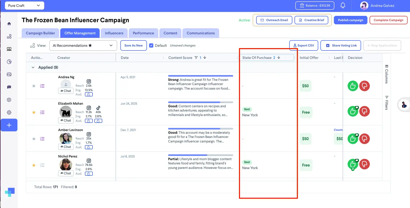 Offer Management tab in The Frozen Bean Influencer Campaign on partnrUP for Brands platform.