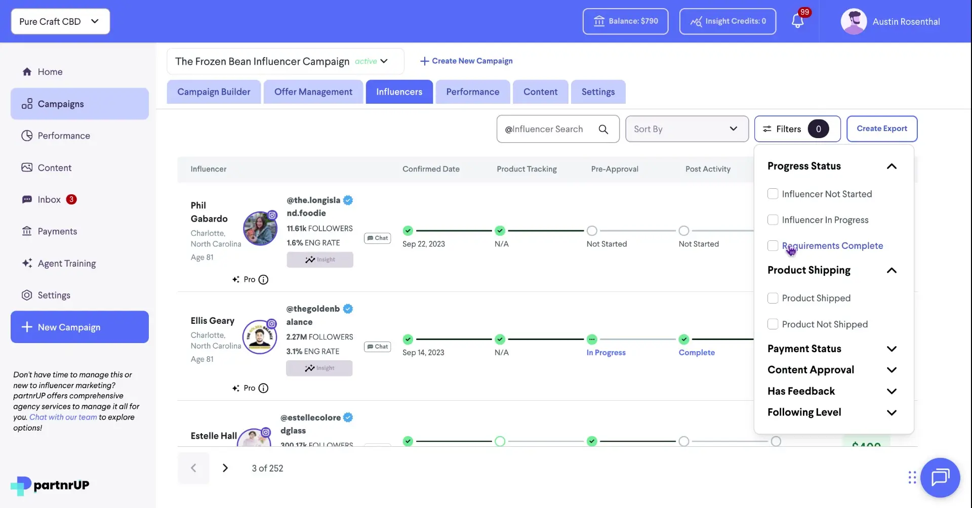 The user is on the Influencers tab within a campaign, and is using the filter options to view influencers based on their progress status.