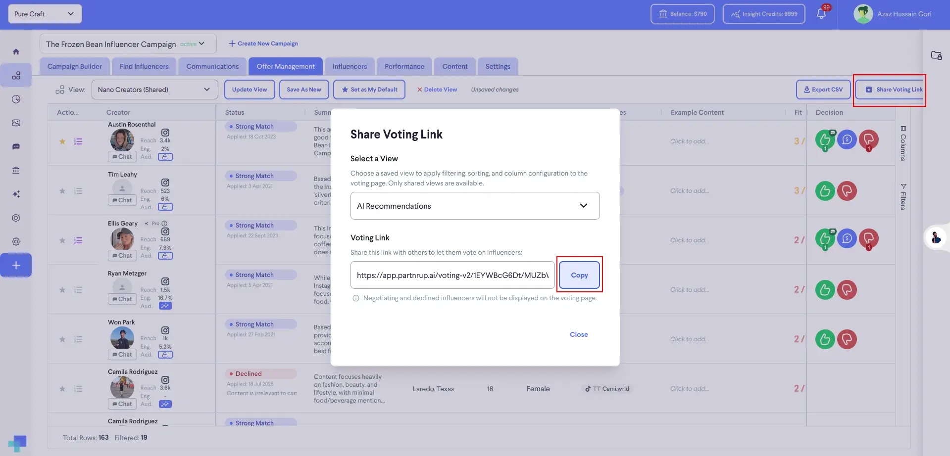 partnrUP for Brands Offer Management screen with Share Voting Link pop-up for The Frozen Bean Influencer Campaign.