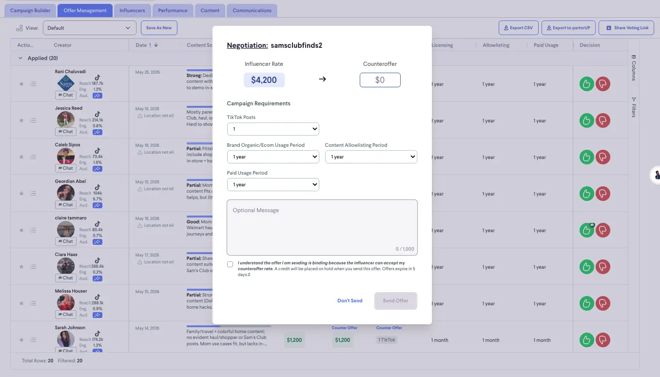 Offer Management section in partnrUP for Brands showing influencer negotiation interface.
