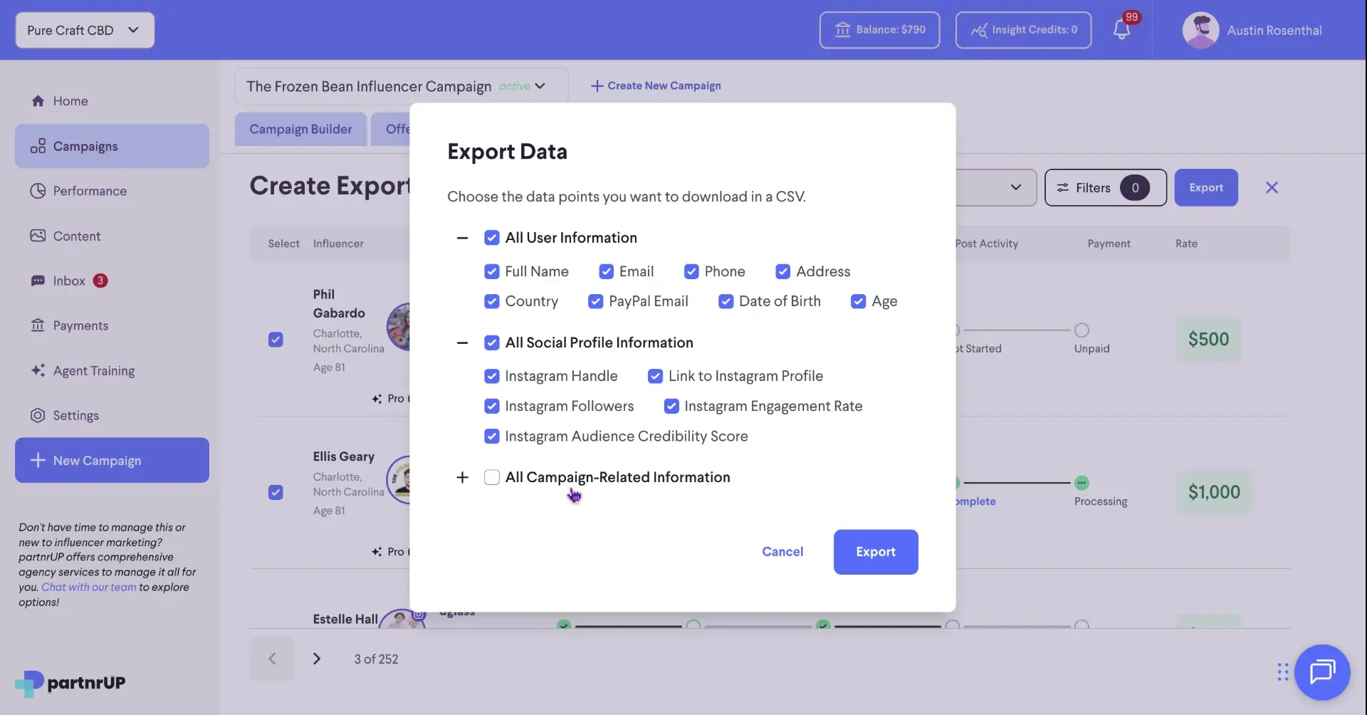 The screenshot shows the 'Export Data' modal within the partnrUP platform, allowing users to select and download various data points related to influencers in a CSV format.
