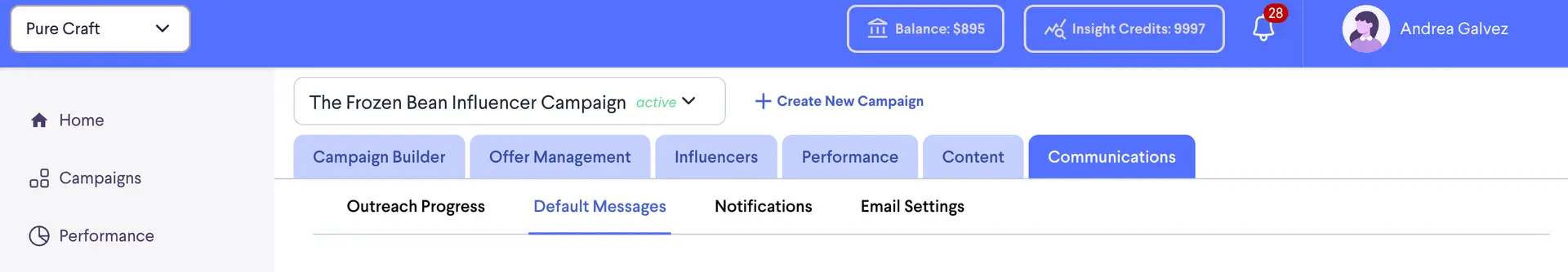 Communications tab in The Frozen Bean Influencer Campaign on partnrUP for Brands platform.