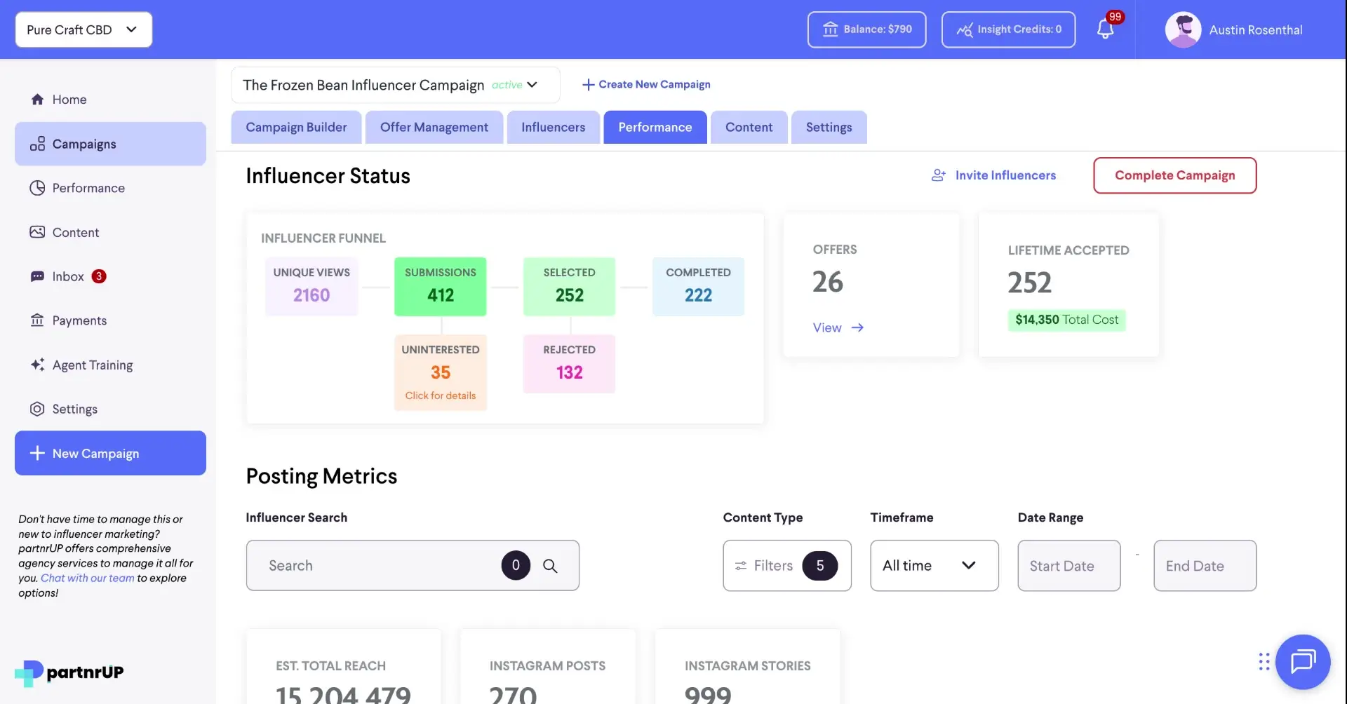 The screenshot displays the performance metrics for a specific influencer campaign, including influencer funnel data, offers, and lifetime accepted metrics. It also shows posting metrics such as estimated total reach, Instagram posts, and stories.